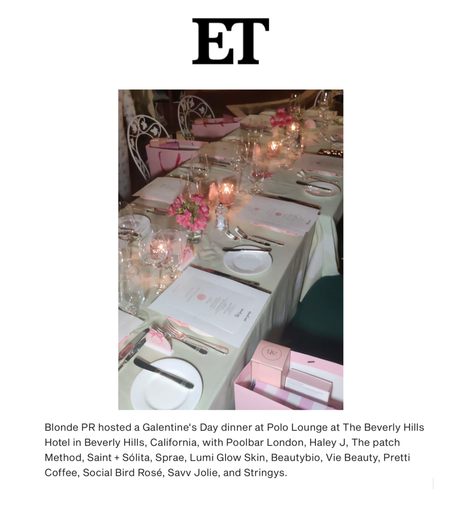 Dinner table set for a Valentine's Day dinner at Polo Lounge covered by Entertainment Tonight. The spread is featuring many brands along with HaleyJ.